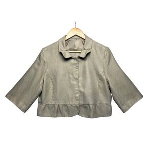 VTG Button Sheath Jacket Cropped Ruffle Hem 3/4 Sleeve Linen Blend Career Retro